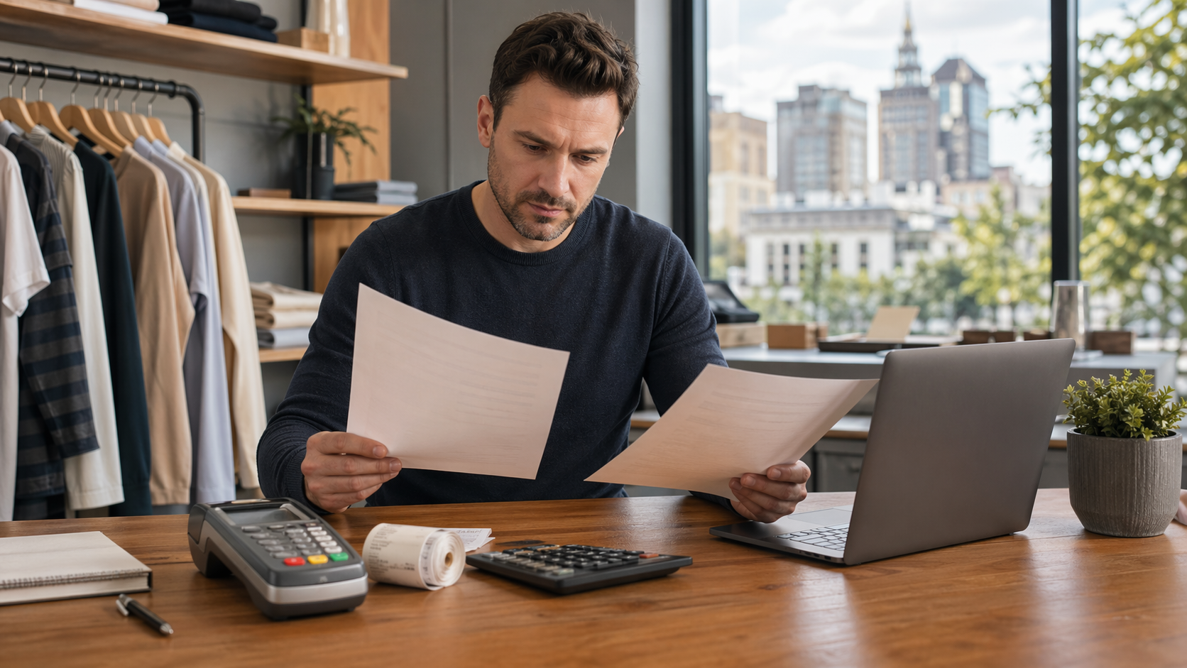 Polish merchant comparing bank and independent acquiring offers beside a card terminal and laptop.