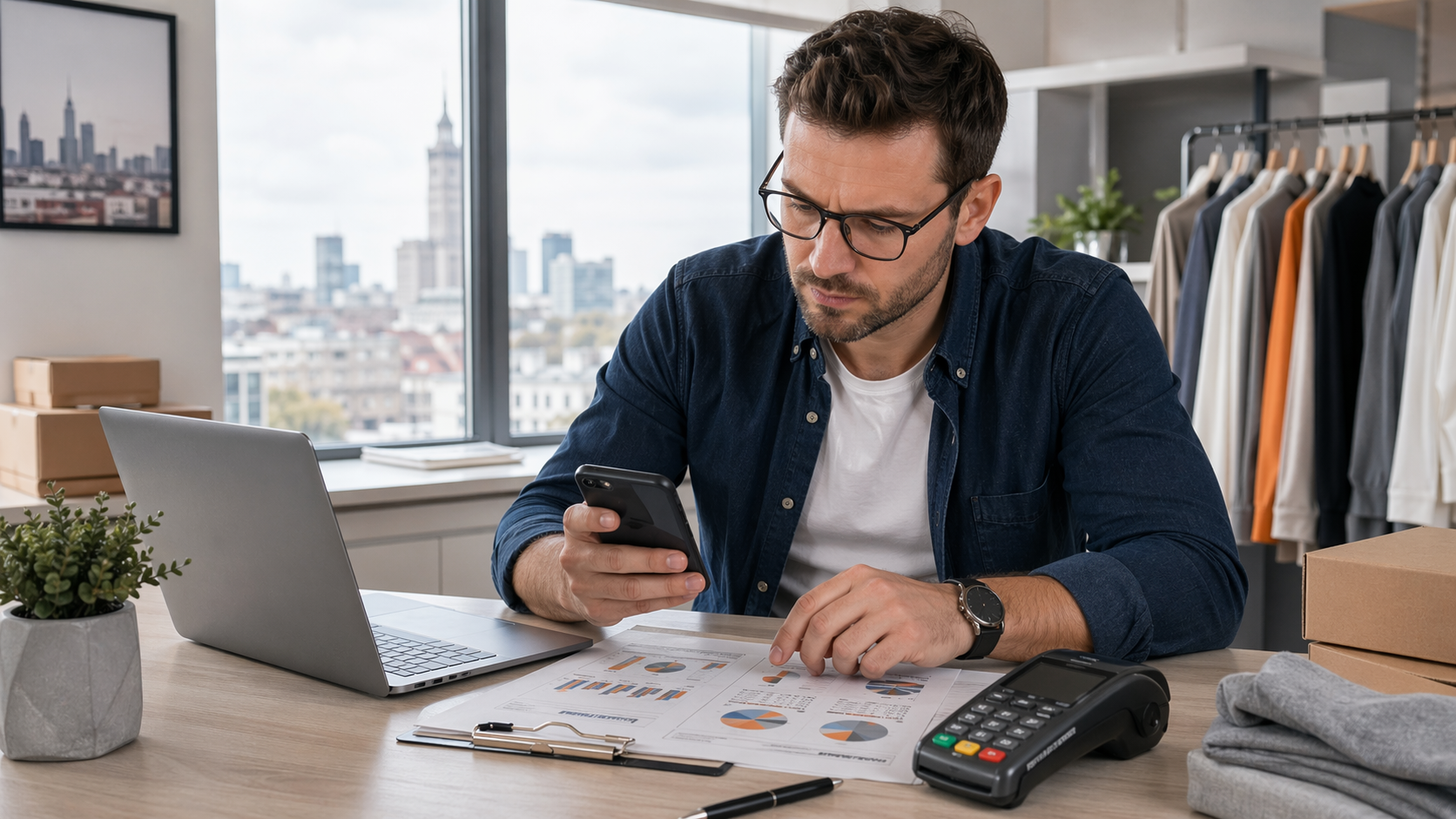 Polish merchant comparing smartphone account-to-account payments with card payments beside a terminal and cost notes.