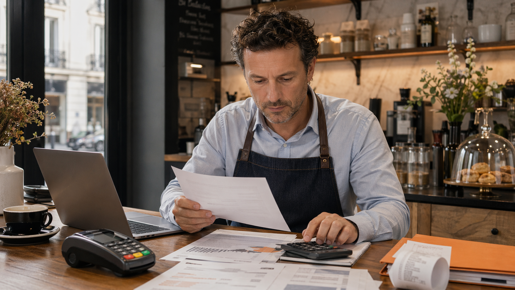 French merchant reviewing card-processing fees, receipts, and payment-terminal paperwork at a retail counter.