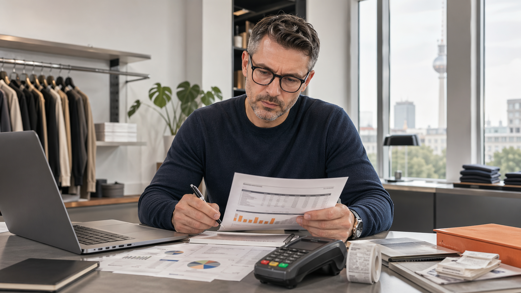 German merchant analyzing card-processing costs beside fee sheets, receipts, and a payment terminal.