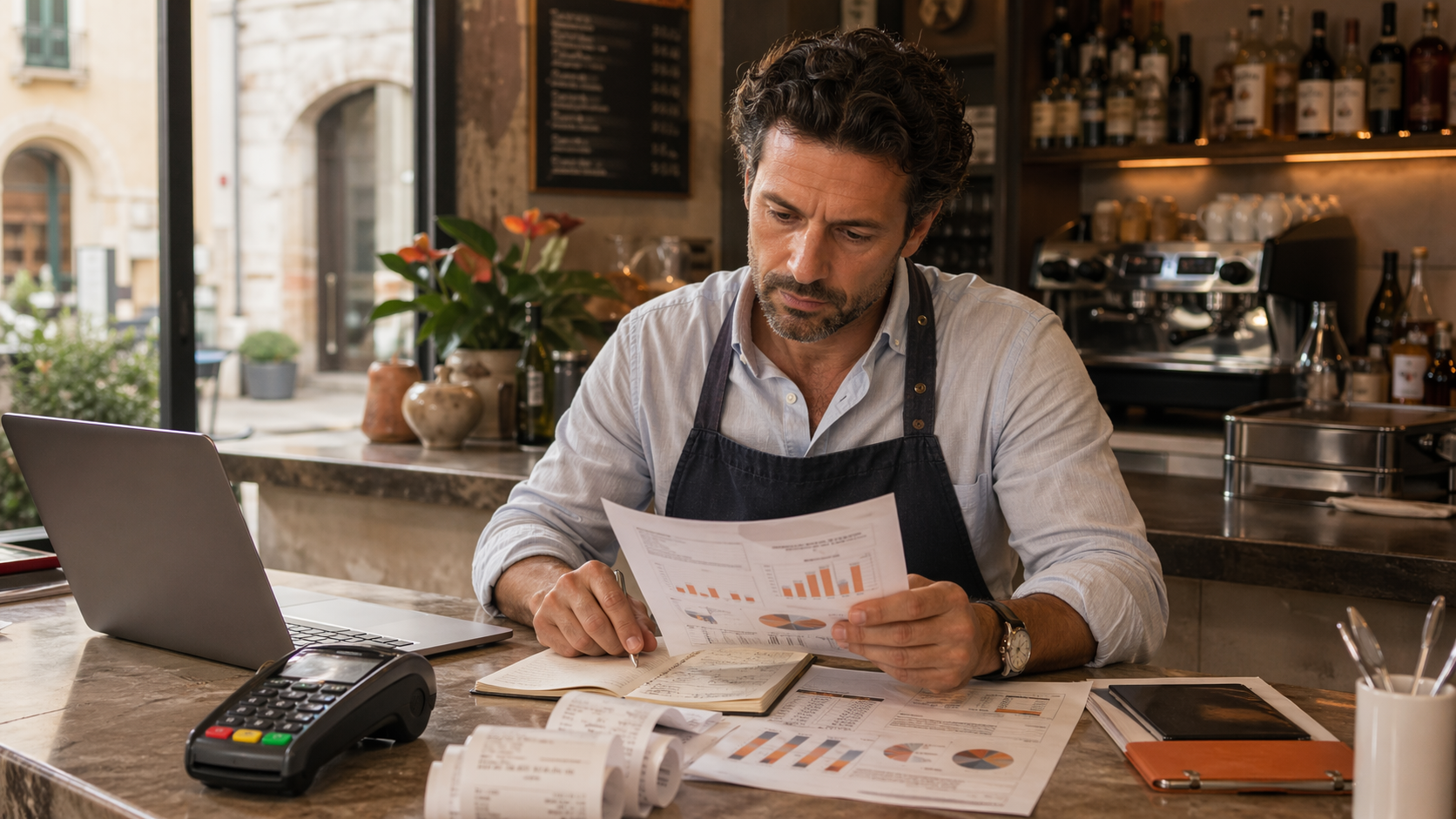 Italian merchant reviewing payment-processing fees and POS paperwork at a cafe-style counter.