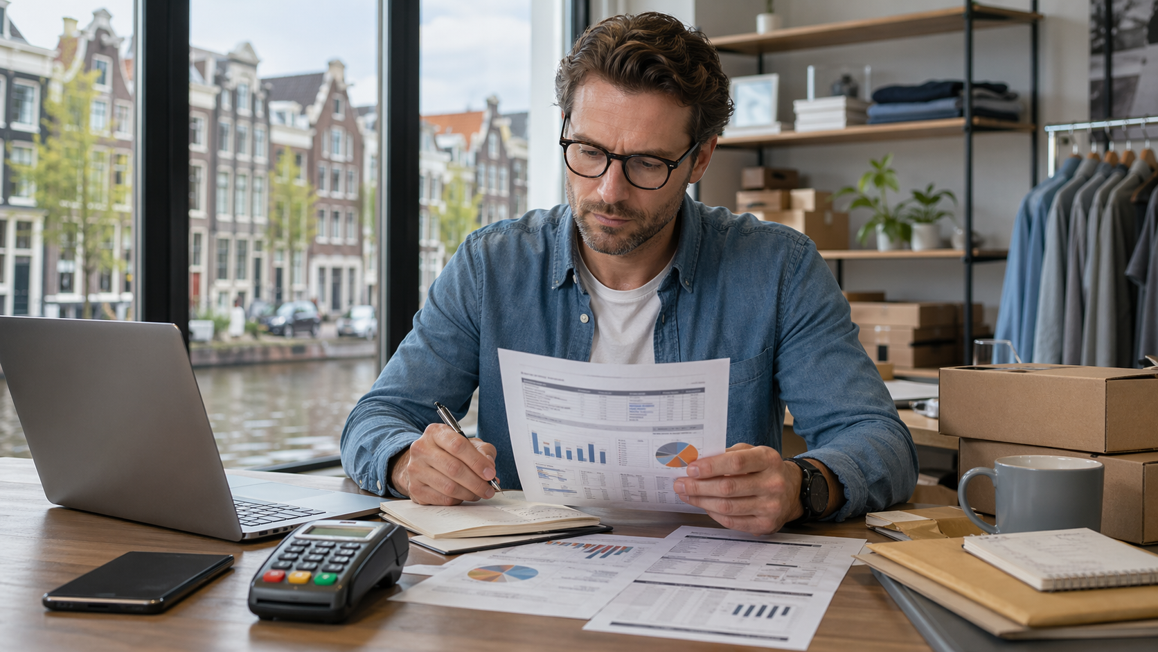 Dutch merchant comparing payment-processing costs beside a laptop, smartphone, and card terminal.