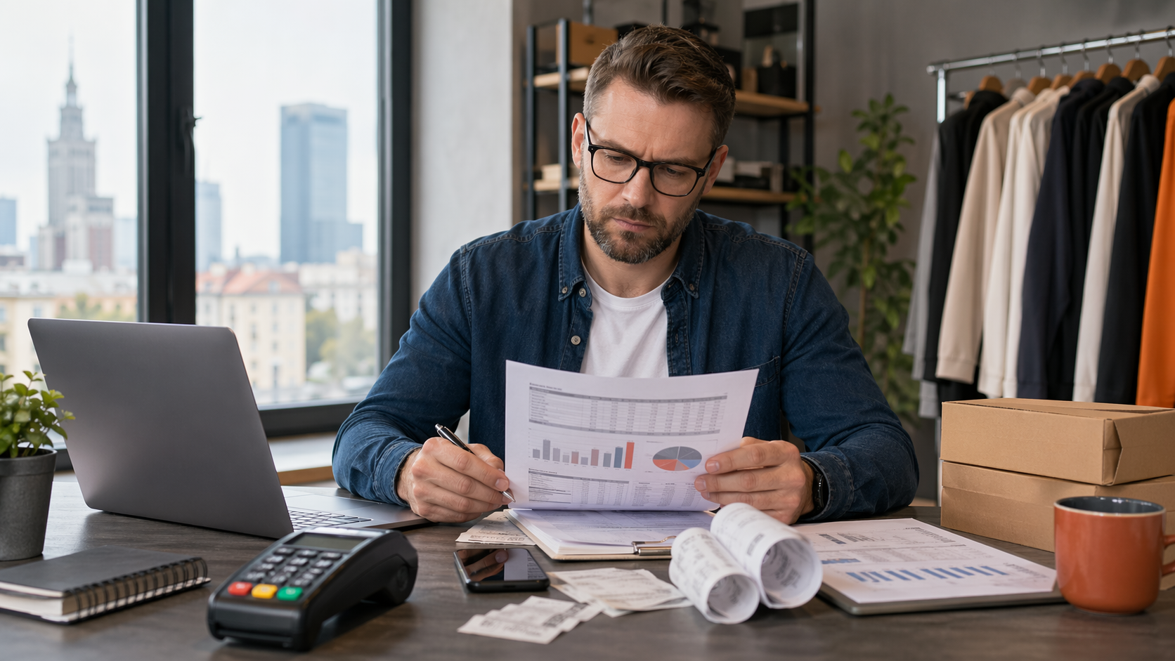 Polish merchant reviewing card-processing fee statements, receipts, and payment-terminal costs.