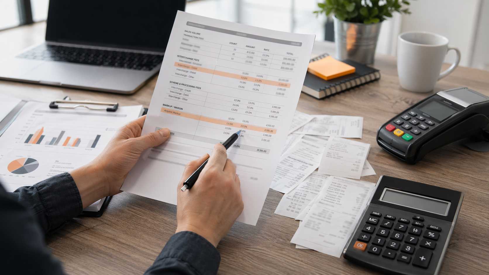 Merchant reviewing a settlement statement with highlighted interchange fees beside receipts and a card terminal.