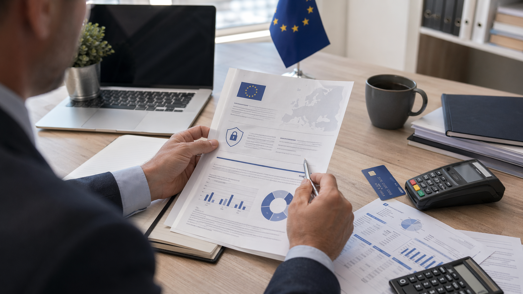 Analyst reviewing EU card-fee regulation documents with payment notes and a bank card on a desk.