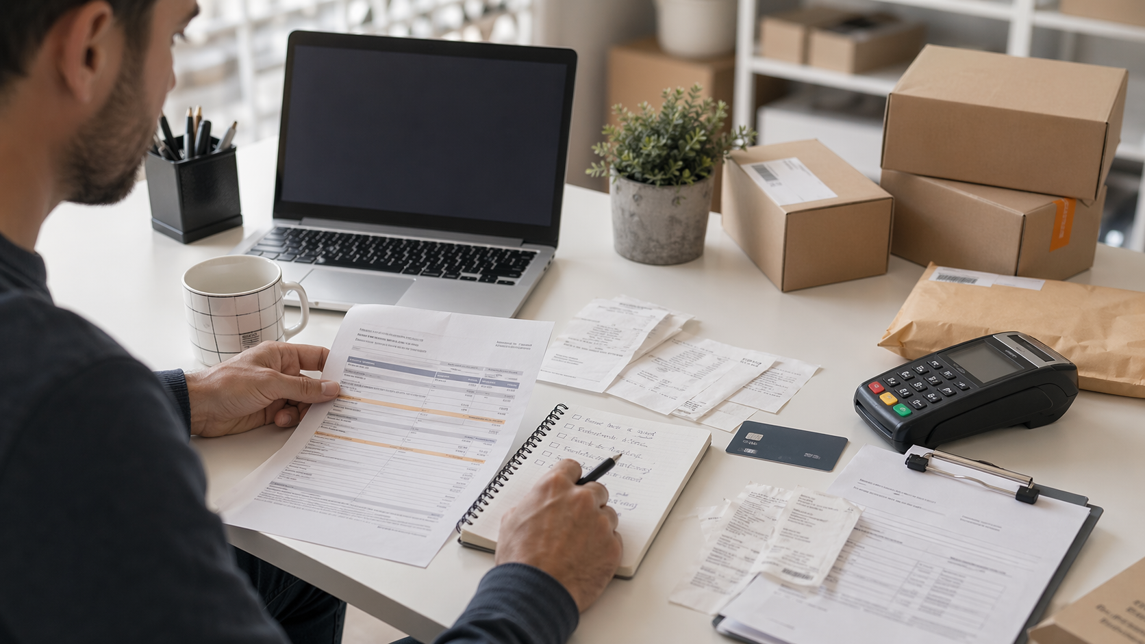 E-commerce operator reviewing orders, packages, and payment-risk paperwork to prevent fraud and chargebacks.