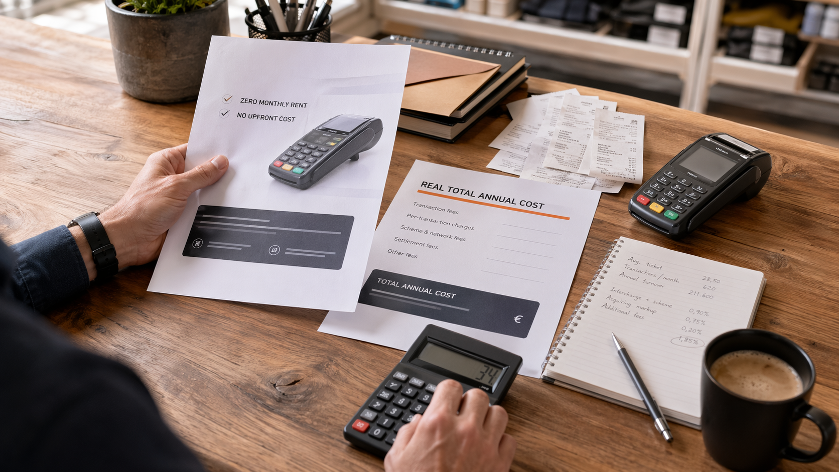 Merchant comparing a free POS offer sheet with total cost calculations beside a payment terminal.