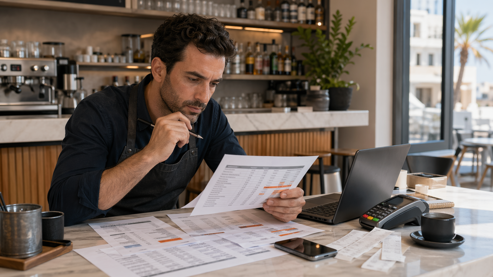 Greek merchant comparing multiple acquiring offers beside a laptop, smartphone, and payment terminal.