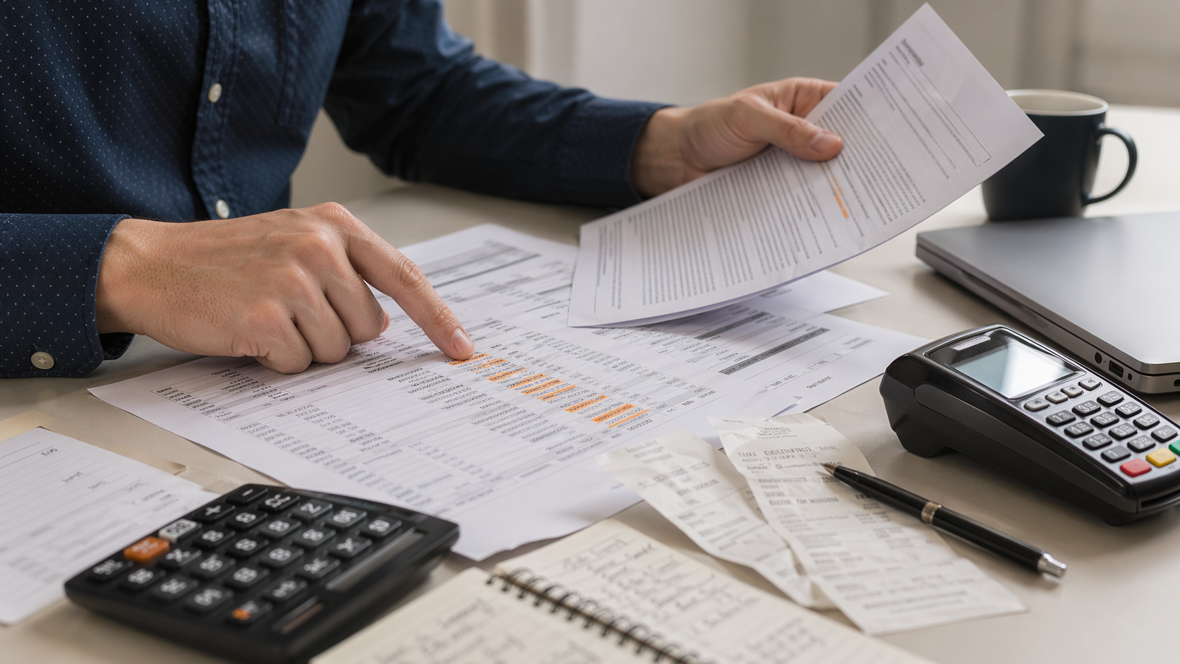 Business owner uncovering hidden acquiring fees in a contract and settlement statement beside receipts.