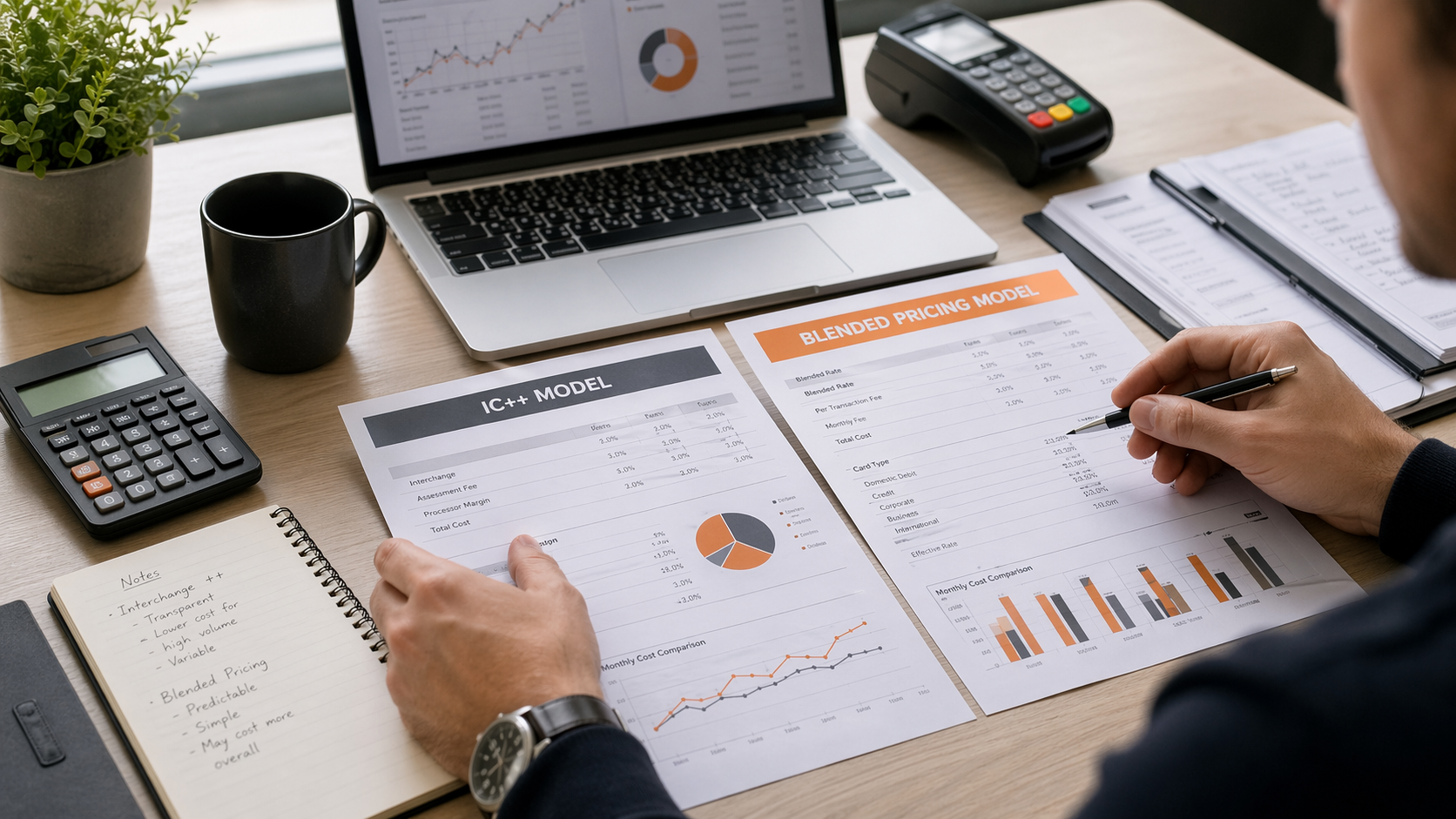 Merchant comparing IC++ and blended pricing documents beside a card terminal and calculator.