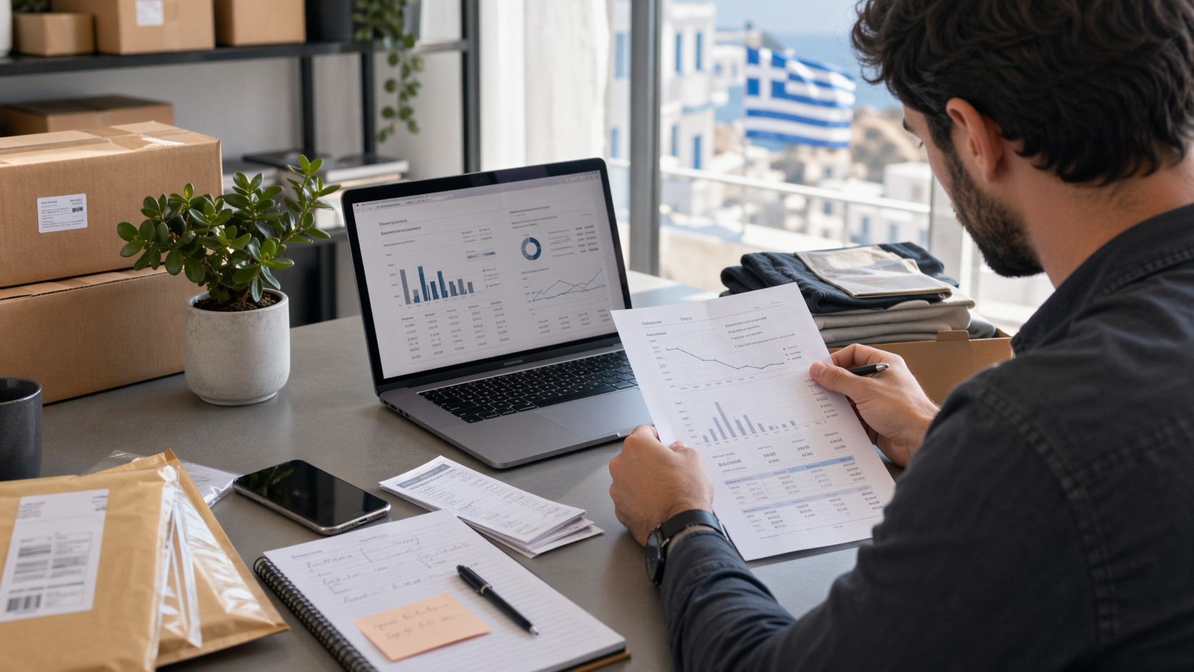 Greek e-commerce operator reviewing payment-fee reports and order materials to cut processing costs.