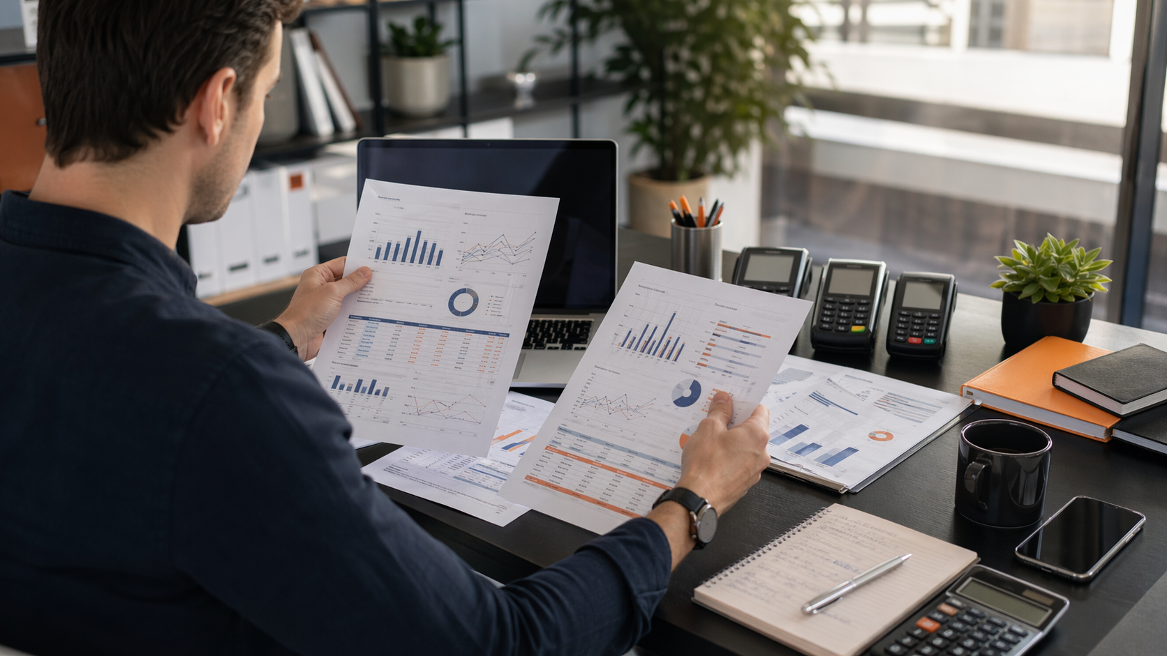 Payment operations manager comparing multiple provider reports beside a laptop and payment hardware.