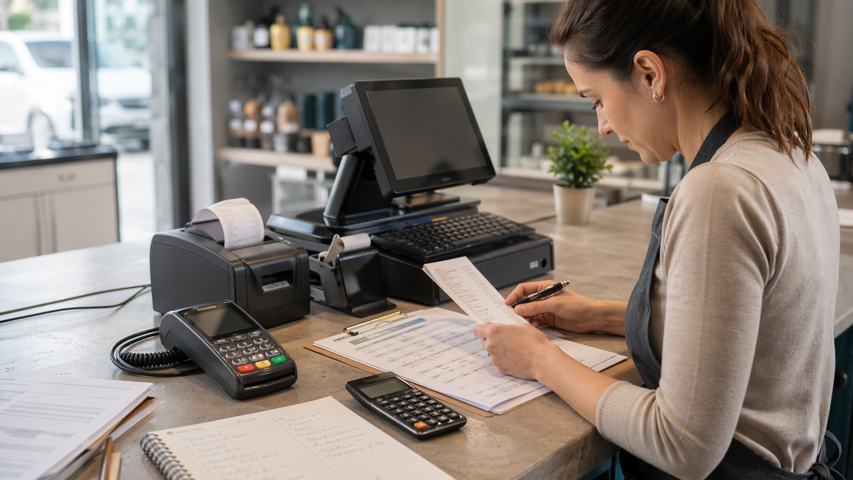 Greek retailer reviewing POS interconnection paperwork beside a cash register, receipt printer, and payment terminal.