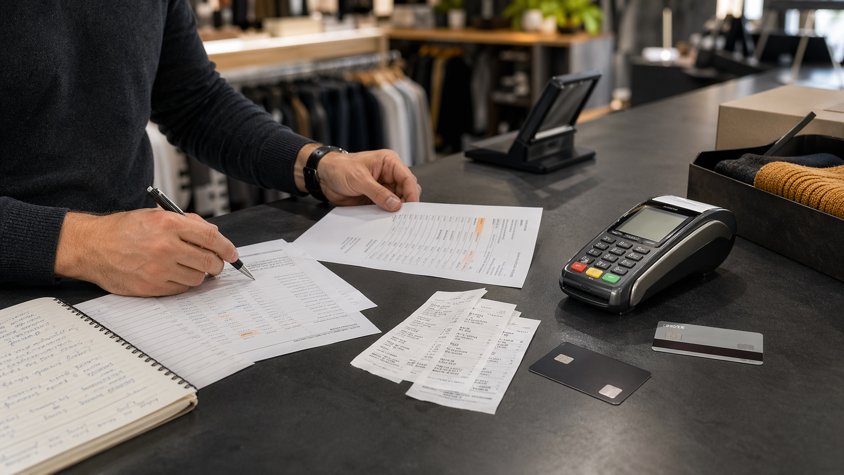 German merchant comparing direct debit and card-payment paperwork beside a terminal and printed cost notes.